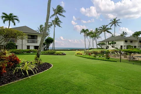 a view of a house with a big yard and potted plants