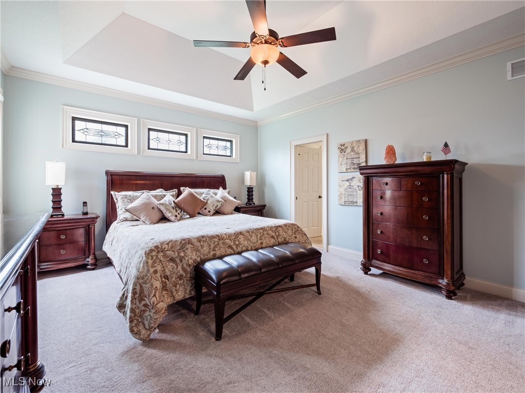 5349 Slater Ridge Westerville, OH 43082 - Photo 24 of 50 Bedroom with a tray ceiling, light carpet, crown molding, and ceiling fan