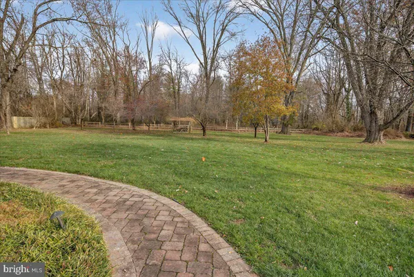a backyard of apartments with large trees