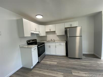 779 Neighborhood Road Lake Katrine, NY 12449 - Photo 2 of 7 Kitchen featuring stainless steel appliances, light countertops, white cabinets, light wood-type flooring, and under cabinet range hood