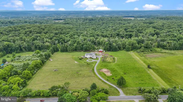 a view of a white house with a big yard and potted plants