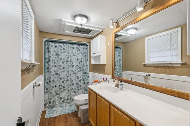 a bathroom with a sink a toilet a shower and a mirror