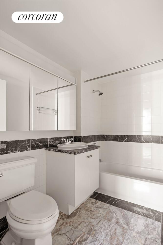 425 Main Street, Unit 15E Manhattan, NY 10044 - Photo 20 of 30 a bathroom with a granite countertop sink a toilet a mirror and bathtub