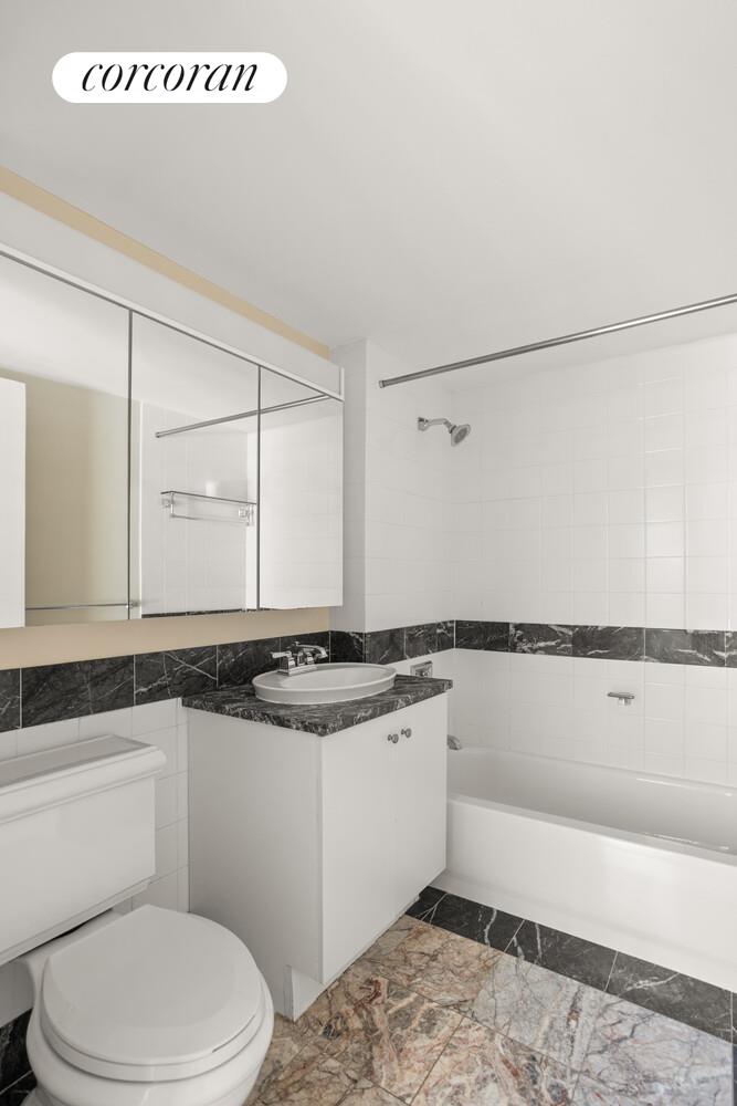 425 Main Street, Unit 15E Manhattan, NY 10044 - Photo 7 of 30 a bathroom with a granite countertop sink a toilet a mirror and shower