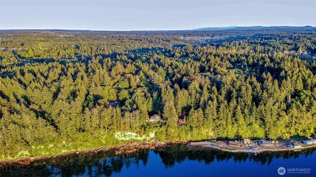 an aerial view of a golf course with a lake