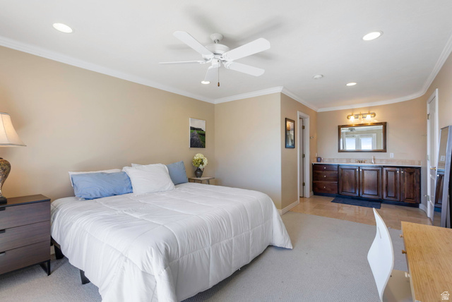 684 North Summit Way Alpine, UT 84004 - Photo 43 of 58 Bedroom featuring crown molding, ceiling fan, recessed lighting, light colored carpet, and stainless steel refrigerator