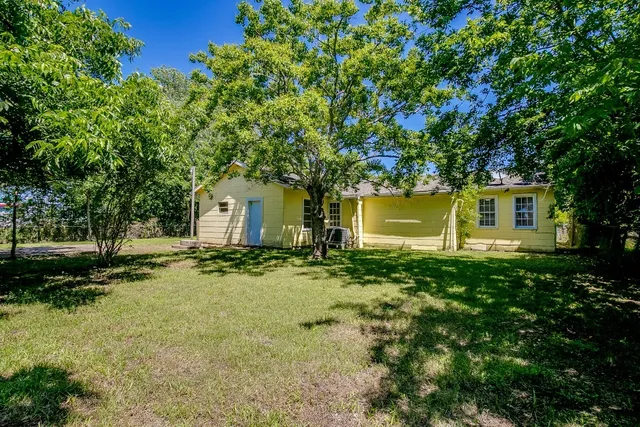 a backyard of a house with plants and large tree