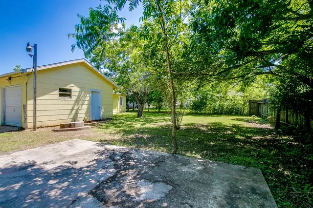 a backyard of a house with plants and large tree