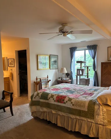 a bedroom with a large bed and a chandelier