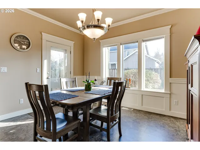 a view of a dining room with furniture and window
