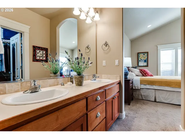 a bathroom with a sink double vanity sink and a large mirror