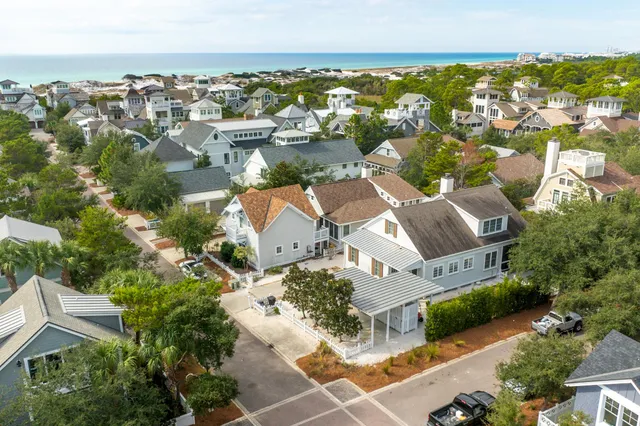 an aerial view of residential houses with outdoor space