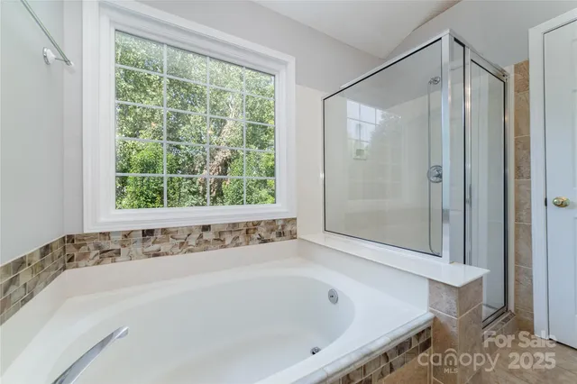 a bathroom with a bathtub and a shower