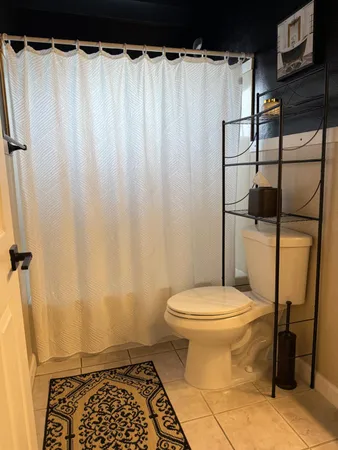 a bathroom with a toilet and a shower curtain