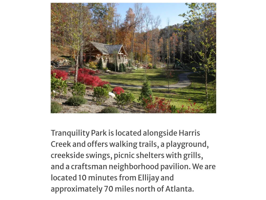 241 Carter Road, Unit 241 Ellijay, GA 30536 - Photo 19 of 19 Tranquility Park Amenities, Detailing the features and location of Tranquility Park, including amenities and proximity to regional centers