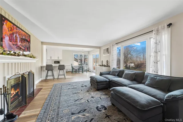 a living room with furniture a fireplace and a floor to ceiling window
