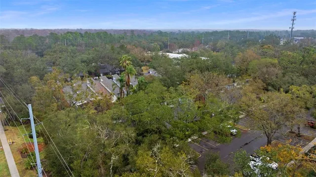 a view of a city with lush green forest