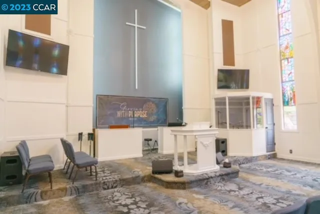 a view of a dining room with furniture