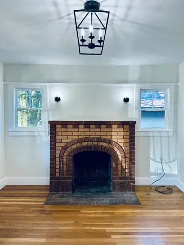 a living room with a fireplace