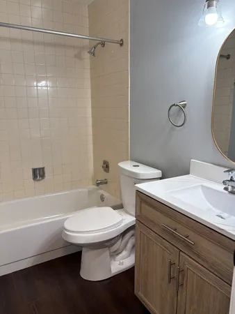 a bathroom with a sink toilet vanity and shower