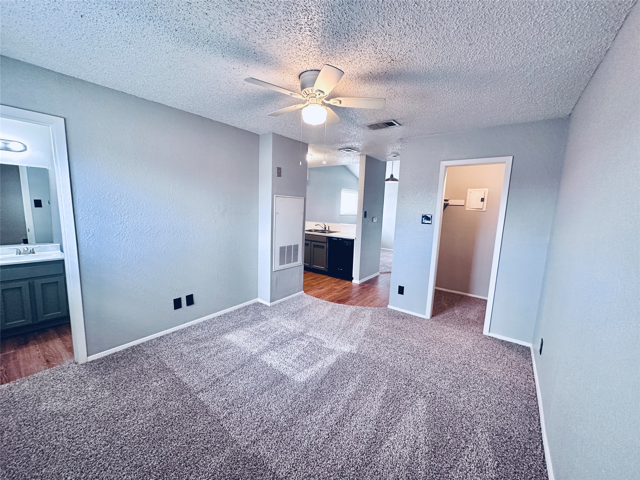 3702 South 2nd Street, Unit 321 Austin, TX 78704 - Photo 10 of 13 Unfurnished bedroom featuring connected bathroom, a walk in closet, a textured ceiling, dark carpet, and a textured wall