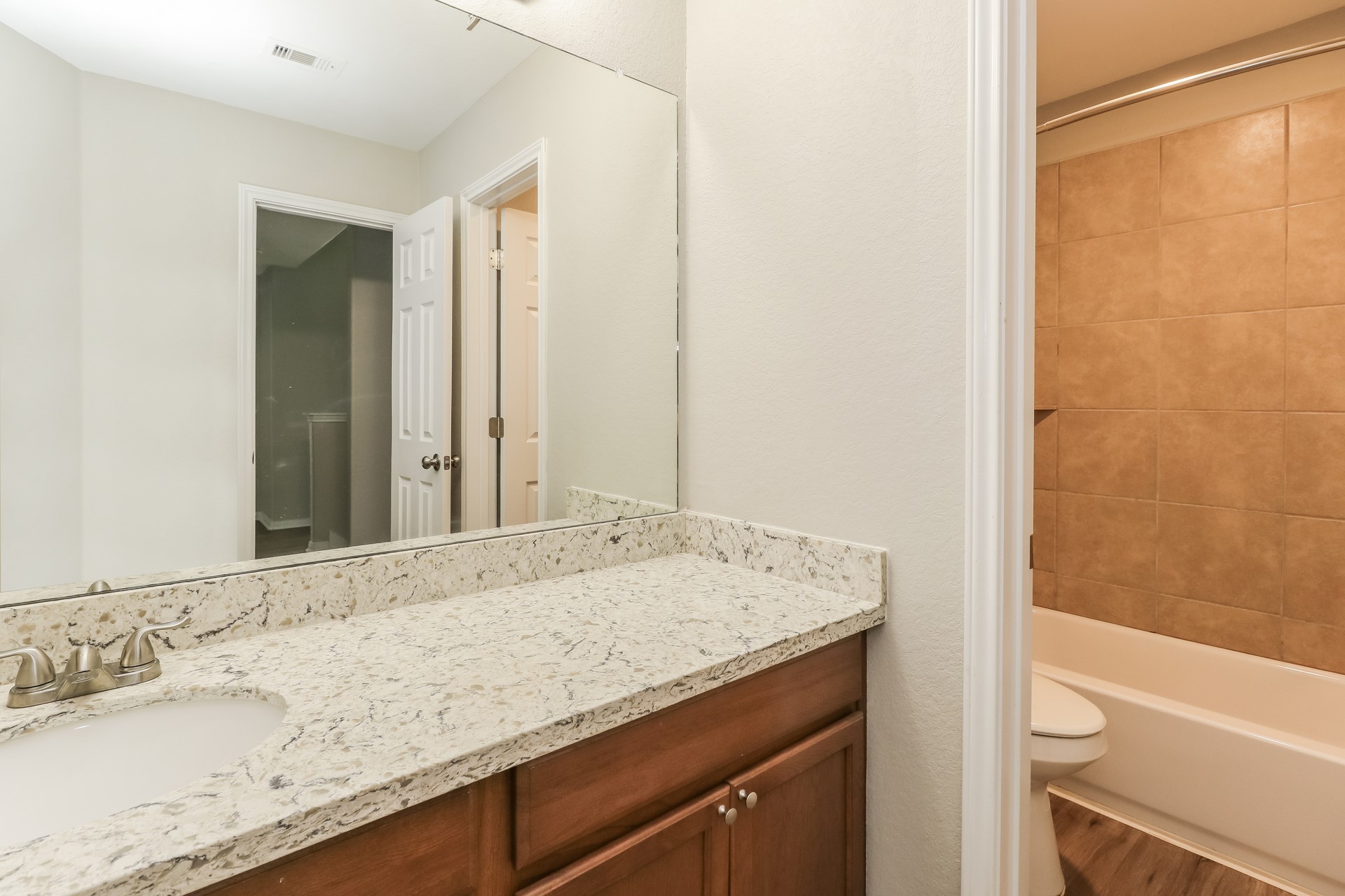 29331 Indian Clearing Spring, TX 77386 - Photo 16 of 17 a bathroom with a granite countertop sink and a mirror