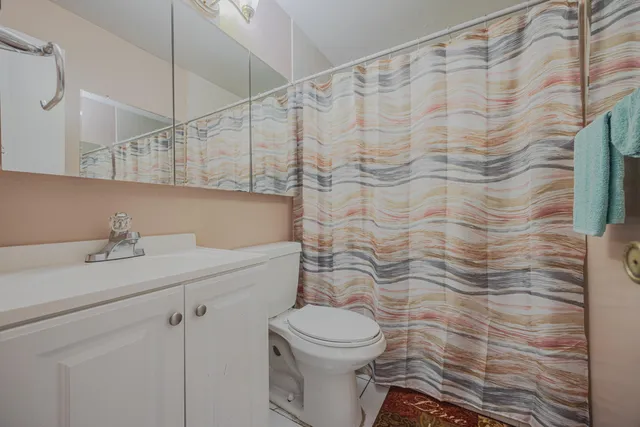 a bathroom with a sink a toilet and shower curtain