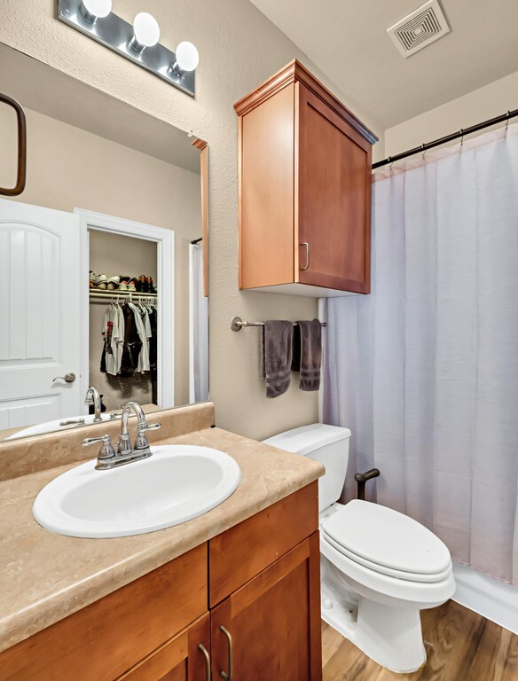2410 2nd Street South, Unit 1056 Waco, TX 76706 - Photo 15 of 37 a bathroom with a sink a toilet and a mirror