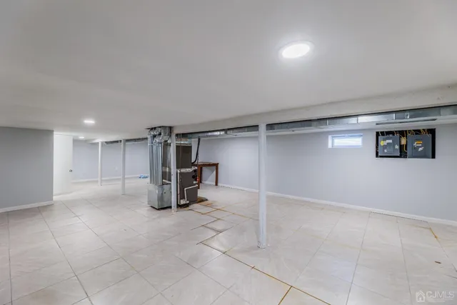 an empty room with shelves