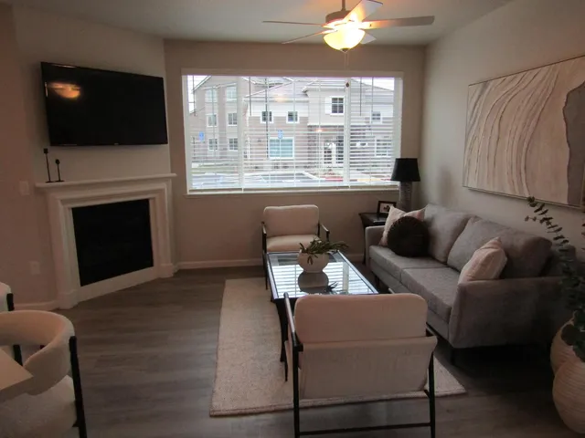 a living room with furniture a flat screen tv and a fireplace