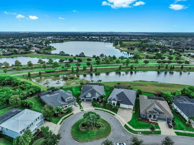 an aerial view of a garden with swimming pool and outdoor space