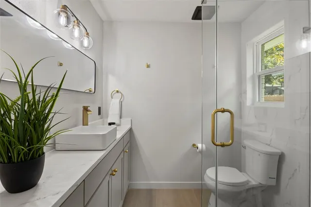 a bathroom with a sink a toilet and a mirror