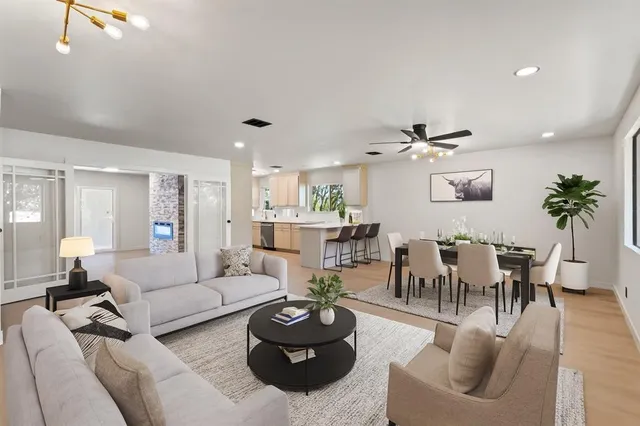 a living room with furniture kitchen view and a potted plant