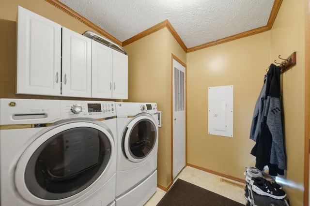 a view of a garage with storage