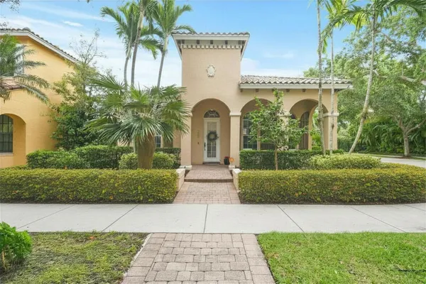 a view of a building with a garden