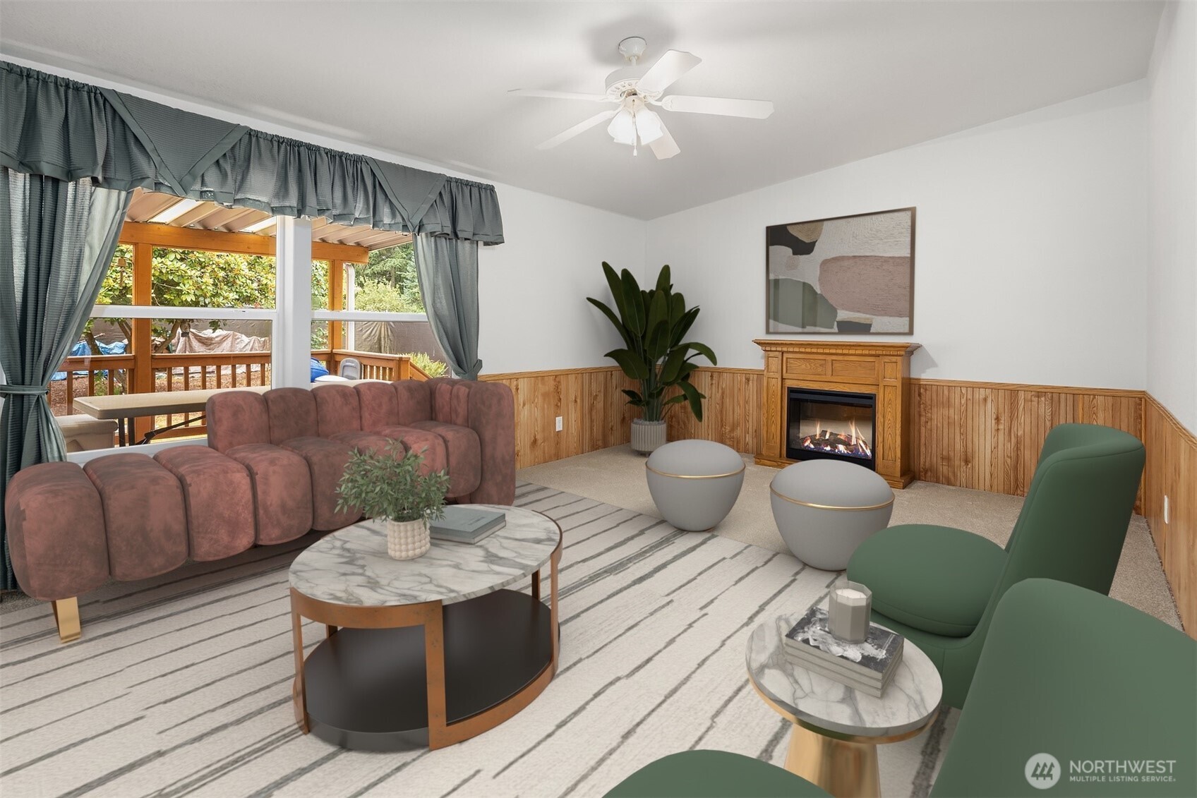 3222 206th Place Southeast Bothell, WA 98012 - Photo 7 of 32 a living room with furniture a fireplace and a large window