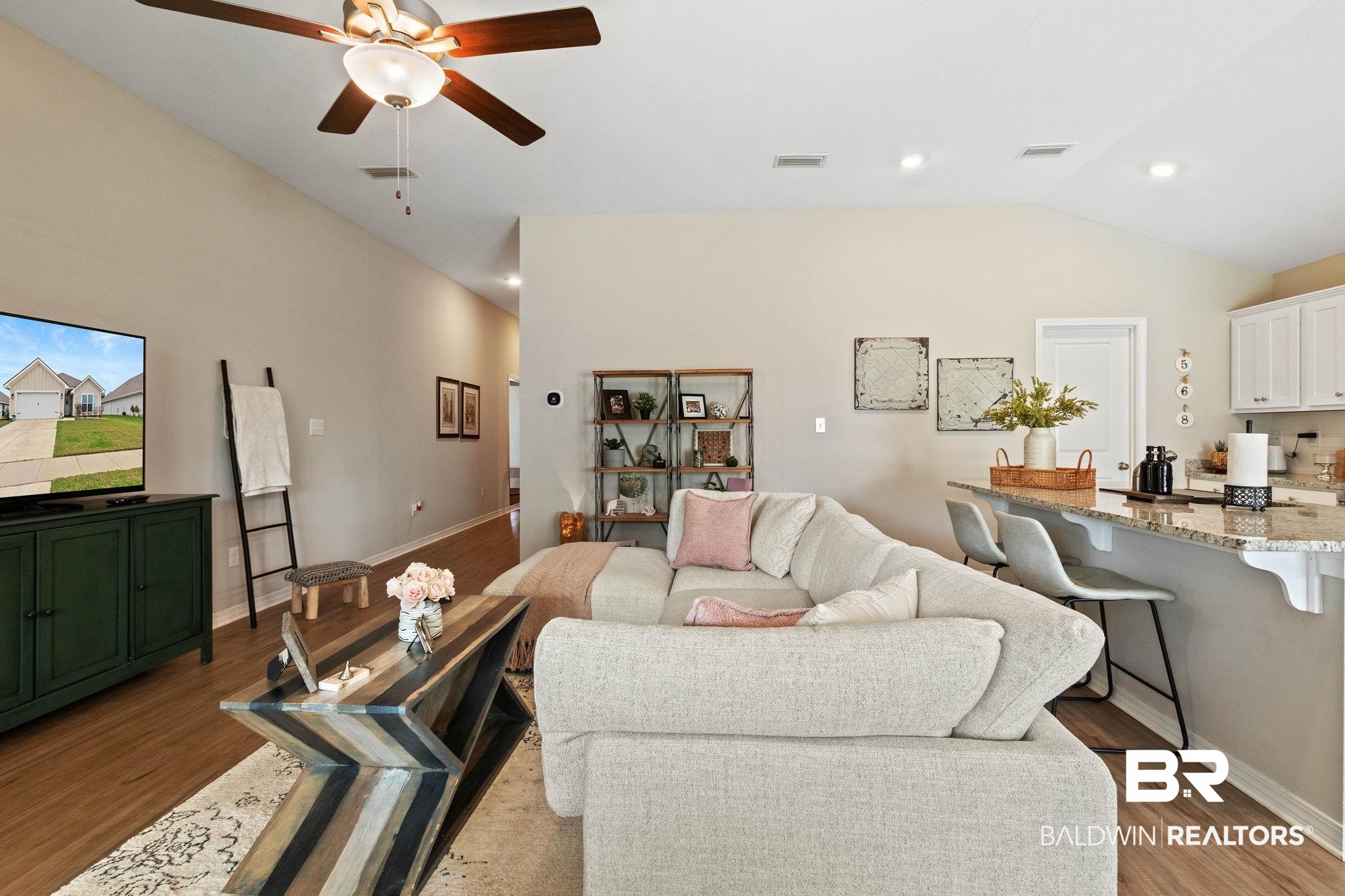 1203 Hayward Loop Foley, AL 36535 - Photo 9 of 41 Living room featuring a ceiling fan, light wood finished floors, vaulted ceiling, and recessed lighting