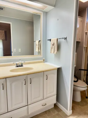 a bathroom with a sink a toilet and a mirror