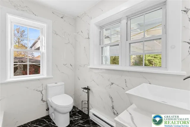 a bathroom with a toilet a sink and a large mirror