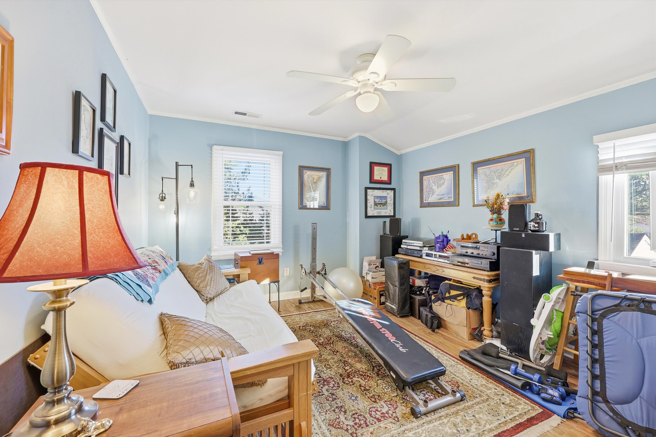 709 Mt Gilead Road Murrells Inlet, SC 29576 - Photo 21 of 38 Office area with ornamental molding, wood finished floors, and ceiling fan