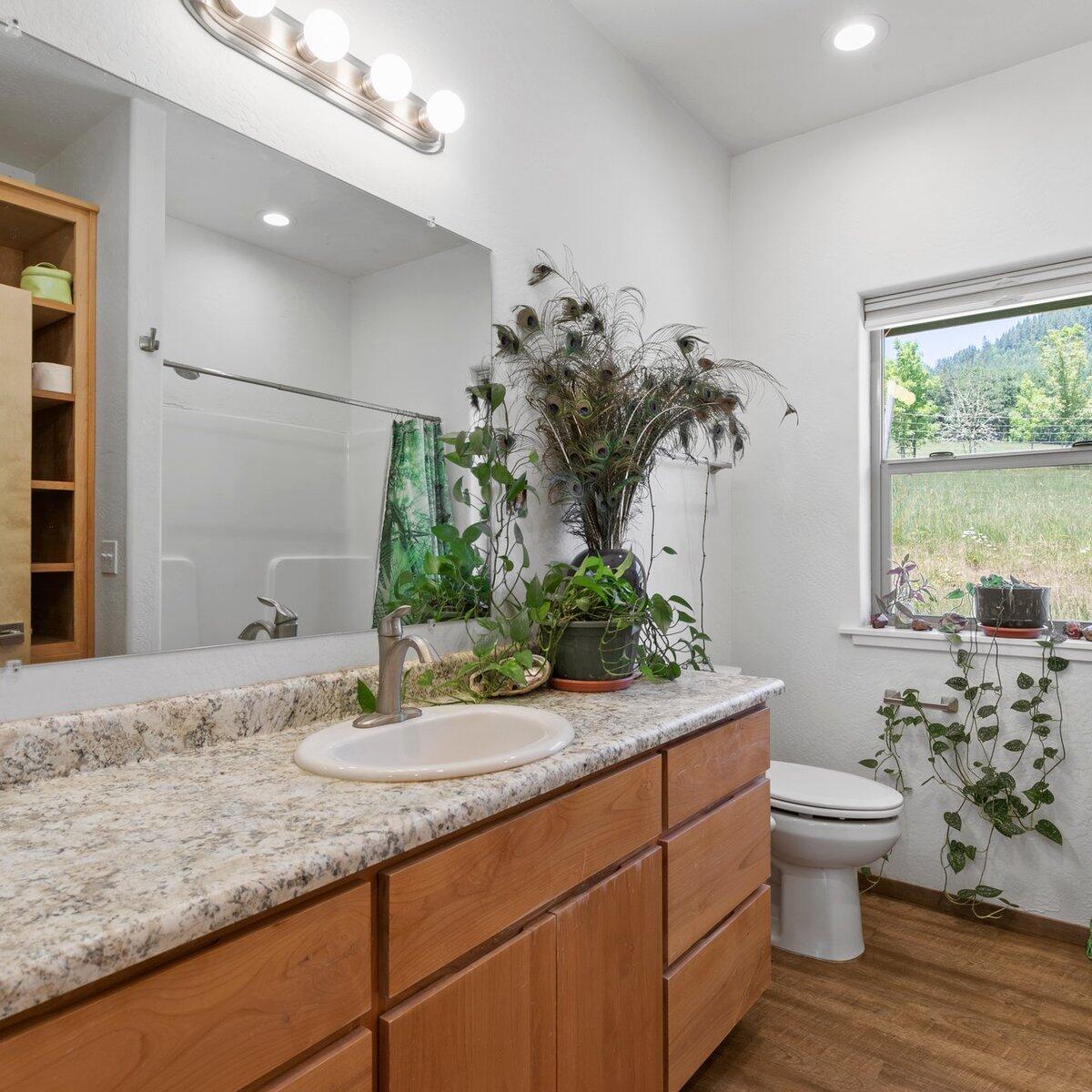 1104 Upper Cow Creek Road Azalea, OR 97410 - Photo 41 of 77 a bathroom with a granite countertop sink a toilet and a large mirror