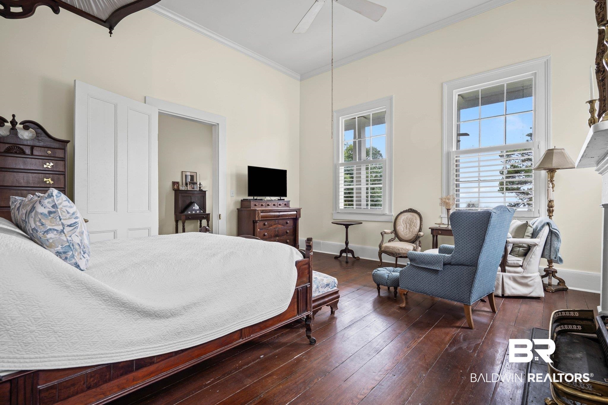 23561 Main Street Fairhope, AL 36532 - Photo 17 of 45 Bedroom with ornamental molding, hardwood / wood-style flooring, and a ceiling fan