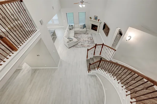 a view of a livingroom with wooden floor