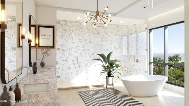 a spacious bedroom with a bed and a chandelier