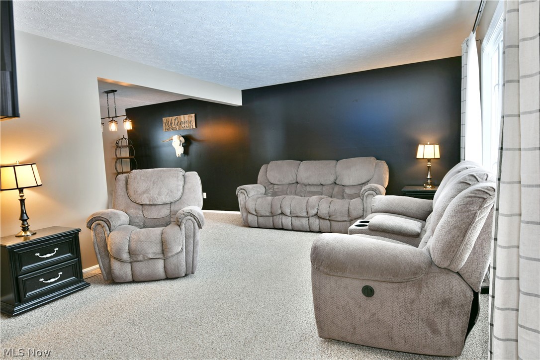4251 Wayne Road Mantua, OH 44255 - Photo 6 of 34 Carpeted living area featuring a textured ceiling and baseboards