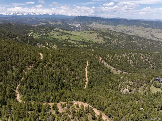 an aerial view of a house with a yard and large trees