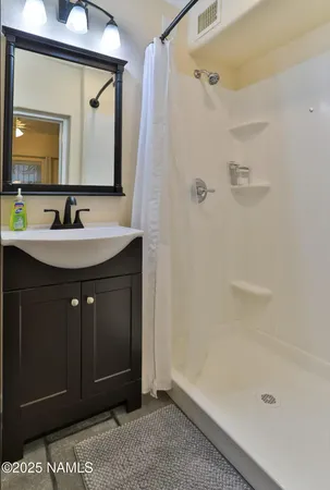 a bathroom with a sink a mirror and a shower