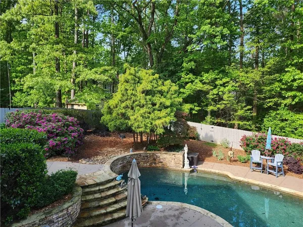 swimming pool view with a garden space