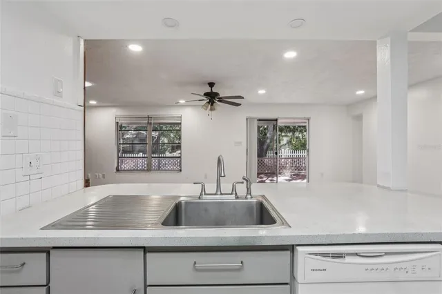 a kitchen with a sink and a potted plant