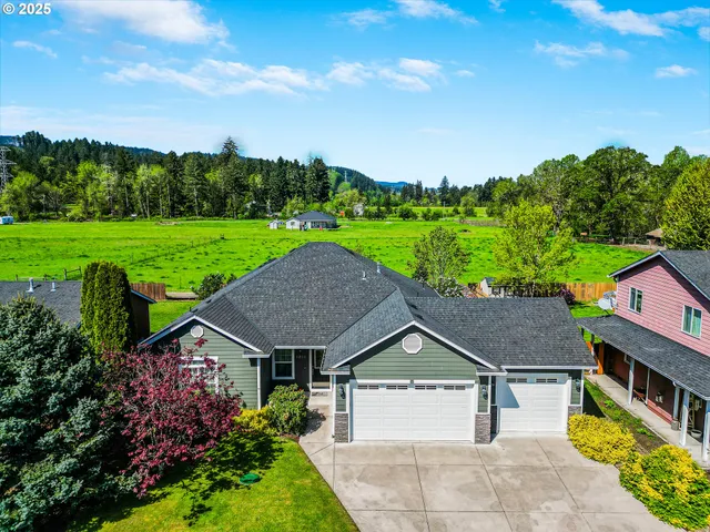 a aerial view of a house with yard and green space